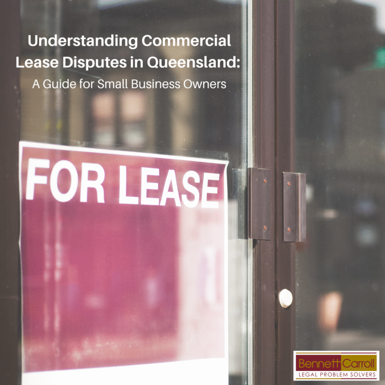 Queensland small business owner reviewing a commercial lease agreement with a solicitor. The image highlights the importance of understanding lease terms, rent reviews, maintenance obligations, and dispute resolution options under Queensland commercial leasing laws, including protections under the Retail Shop Leases Act. Ideal for illustrating common lease disputes and how Bennett Carroll Solicitors assist Brisbane, Gold Coast, Sunshine Coast, Ipswich, and statewide clients with commercial leasing advice and disputes.
