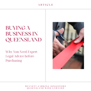 Commercial & Business Law Buying a business in Queensland involves complex contracts, due diligence, and compliance steps. At Bennett Carroll Solicitors, our experienced commercial lawyers help buyers navigate every stage — from reviewing confidentiality agreements to settlement — to protect your investment and ensure a smooth transition to ownership. Whether you’re purchasing a café, retail store, or professional service business, our team offers Queensland-wide assistance with tailored, practical legal advice.