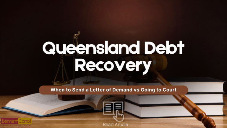 Debt recovery in Queensland can be complex, especially when a client or customer refuses to pay. If repeated reminders haven’t worked, your next step may be a letter of demand or court proceedings. Choosing the right pathway early can save your business time, legal costs, and frustration. This article explains how Queensland debt recovery works, when to send a formal demand letter, when to escalate to litigation, and how the Queensland court system handles debt disputes. We’ll guide you through timeframes, costs, enforcement options, and the practical steps to protect your cash flow. For tailored advice or urgent matters, contact Bennett Carroll Solicitors. Our experienced team can help you recover what you're owed quickly and strategically.