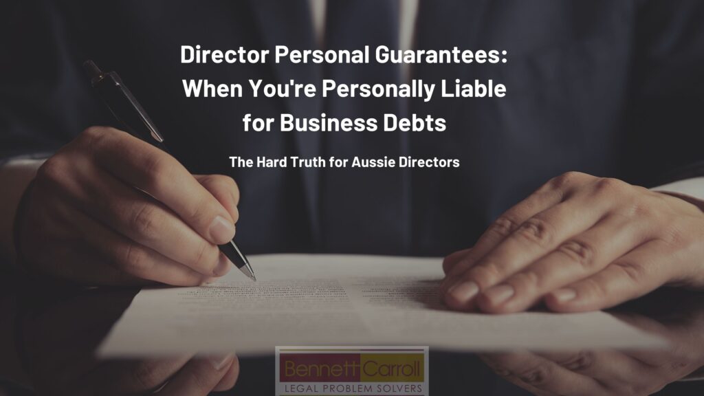 Many Queensland business directors sign personal guarantees when securing finance, leasing property, or obtaining supplier credit. These guarantees can make you personally responsible for company debts — even risking your home or savings. This guide explains how personal guarantees work, when liability is triggered, your legal defences, and how to protect your personal assets. Learn when to seek urgent legal advice from Bennett Carroll Solicitors, Queensland commercial law specialists.