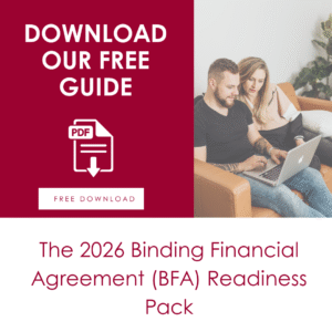 Free Guide: The 2026 Binding Financial Agreement (BFA) Readiness Pack Our Binding Financial Agreement guide is designed for Australian couples who want to protect their assets—including real estate, superannuation, and business interests—without the stress of the Family Court. This pack outlines our proven 3-step process for obtaining independent legal advice and highlights the significant BFA risk associated with using a DIY BFA or an online template. Ensure your agreement is 'watertight' and legally binding under the Family Law Act by following our comprehensive readiness checklist.