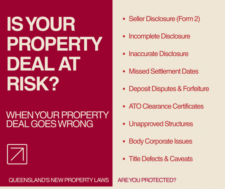 When Your Property Deal Goes Wrong: What Queensland's New Laws Mean for Buyers and Sellers Buying or selling a home is one of the biggest financial decisions most Queenslanders will ever make. And while most transactions go through without a hitch, things do go wrong. Contracts fall over, settlements get missed, deposits are forfeited, and parties end up in costly disputes. What This Guide Covers From the mandatory Form 2 disclosure requirements to handling missed settlement dates, deposit disputes, and ATO clearance traps—this article identifies the most common legal risks in modern Queensland property transactions